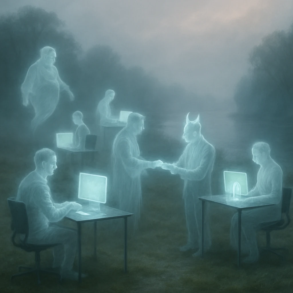 霧が立ち込める河原で半透明の幽霊や妖怪たちがパソコンやデジタル端末で働いている写真風イメージ。