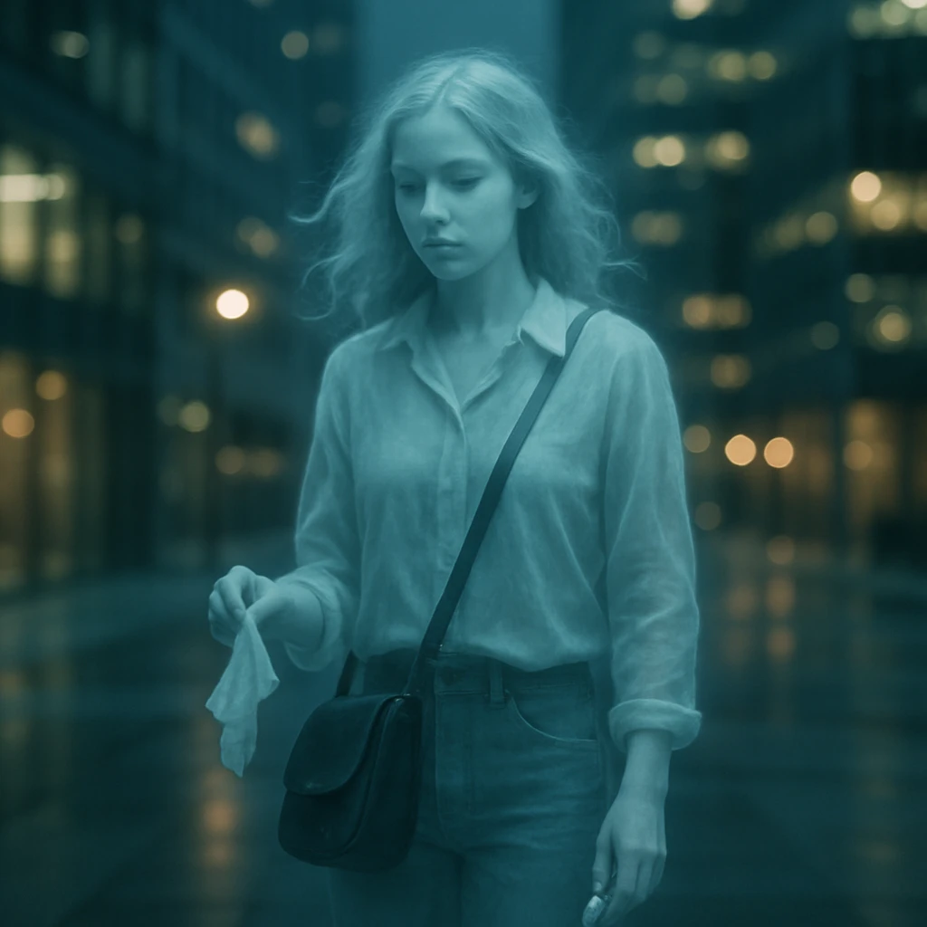 現代的なオフィス街の夜景で、白布と小さな瓶だけを持った半透明の女性の幽霊が静かに浮遊している様子。