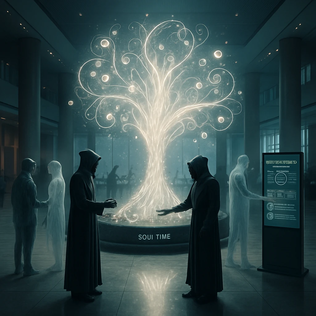 壮麗なロビー中央に光り輝く“魂の樹”インスタレーションと、現代的な制服を着た死神が霊体の亡者に丁寧に対応している様子。