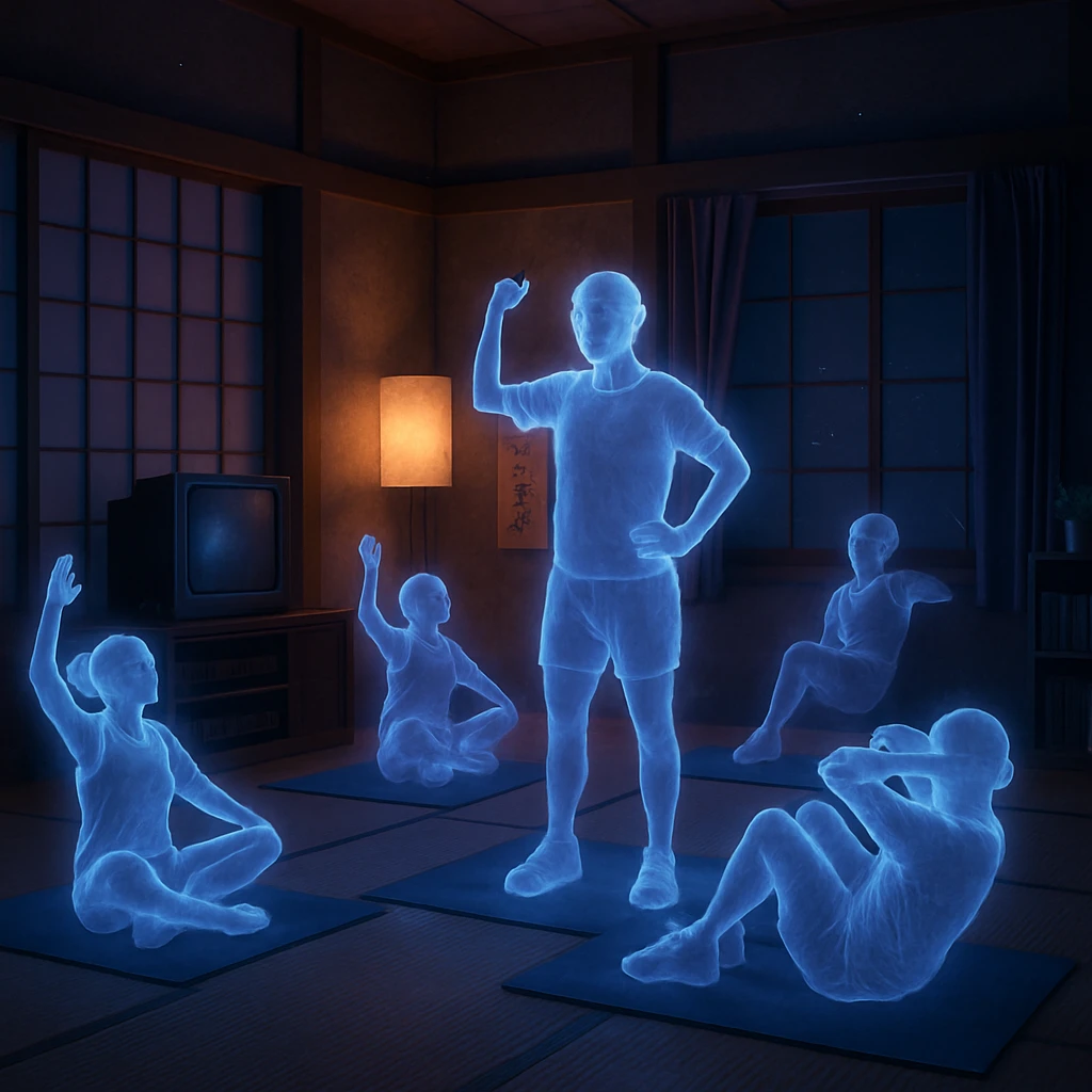 幽霊のような半透明の人たちが夜の和室でスポーティな服装で浮遊するヨガマットの上で宅トレをしている様子。