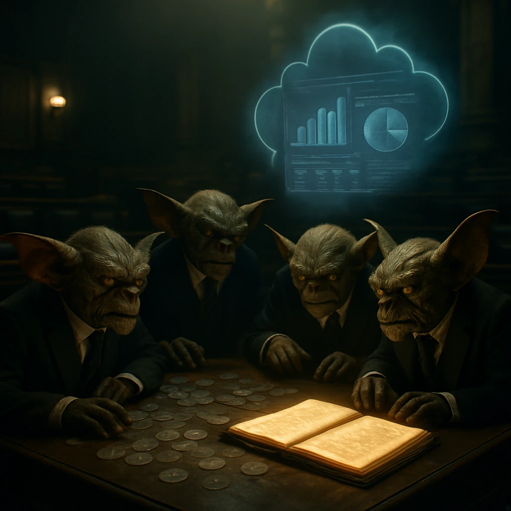 幽界の議会室でグレムリンたちが半透明のコインや帳簿を前に集まり、不思議な光が空中に浮かぶ様子の写真。