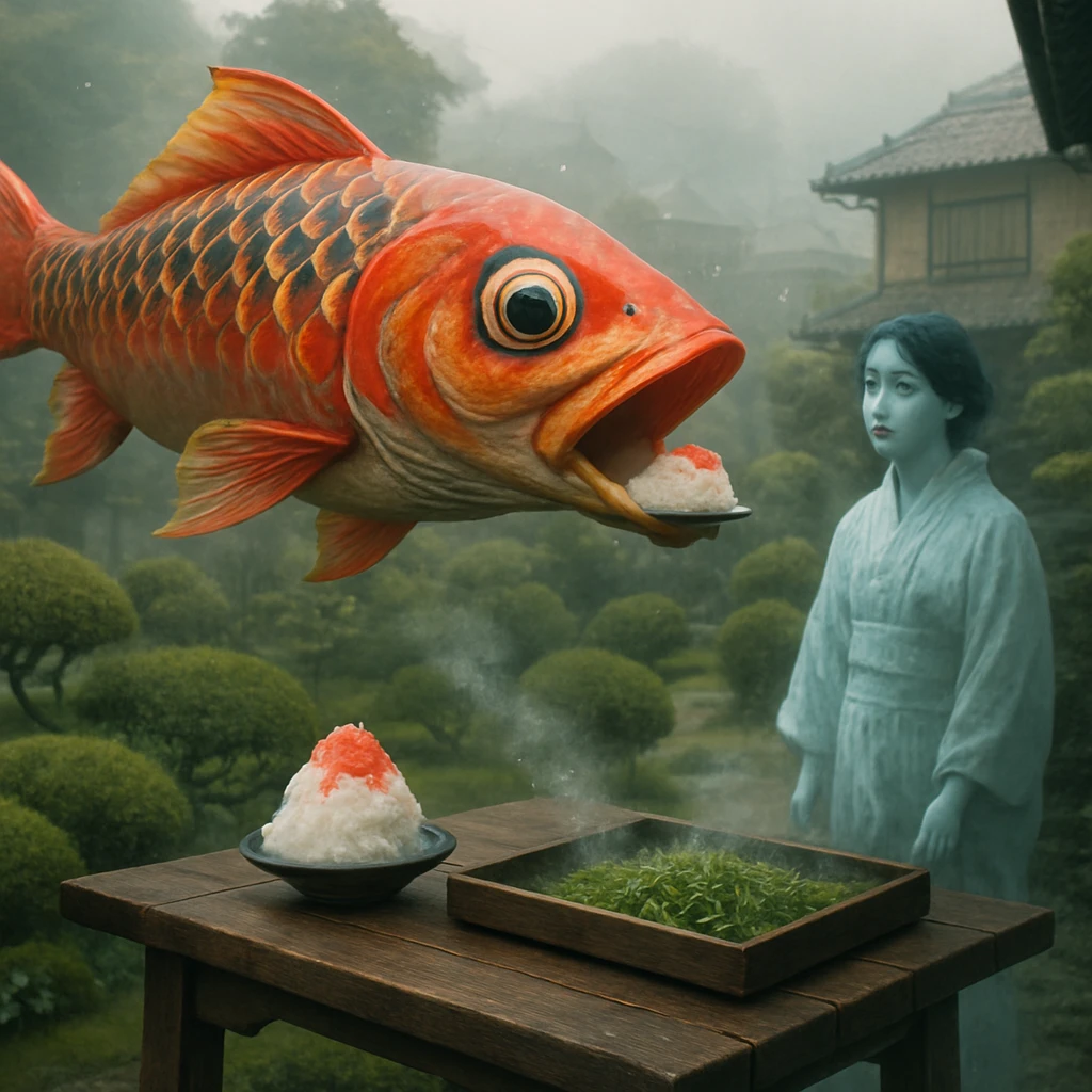 霧に包まれた和風庭園で、巨大なこいのぼりがかき氷を丸呑みし、驚く幽霊の住民が見つめている写真。