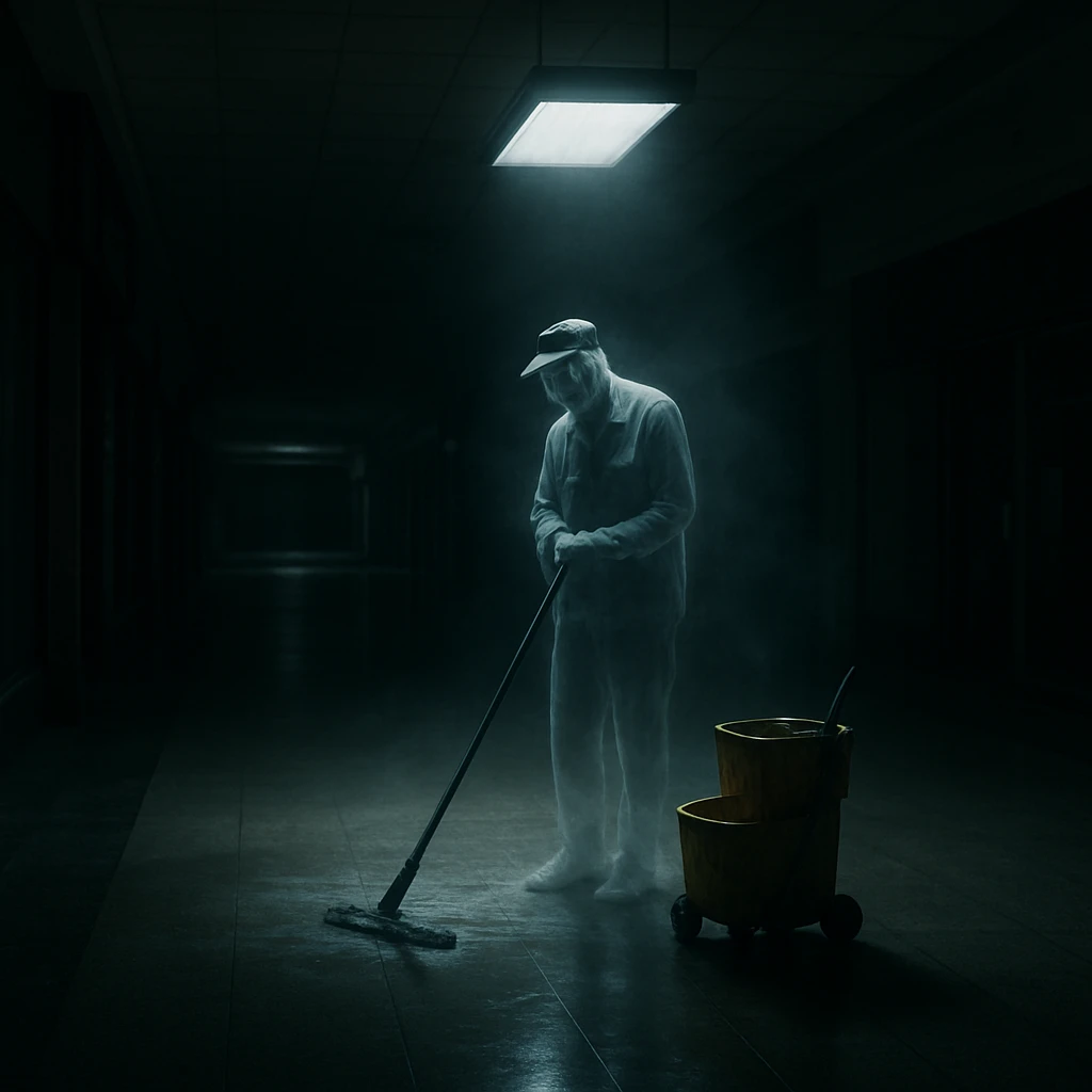 深夜の薄暗いショッピングモールの廊下で、ひとりぼっちで掃除をする幽霊の老人が立っている写真。