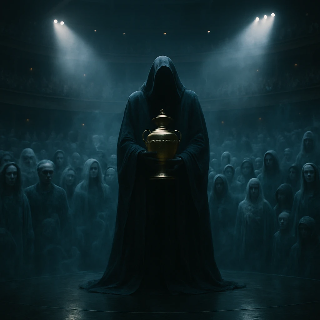 巨大なホールの壇上で顔のない黒マントの男が賞金壺を持ち、不安げな観客の幽霊たちが見守っている写真。