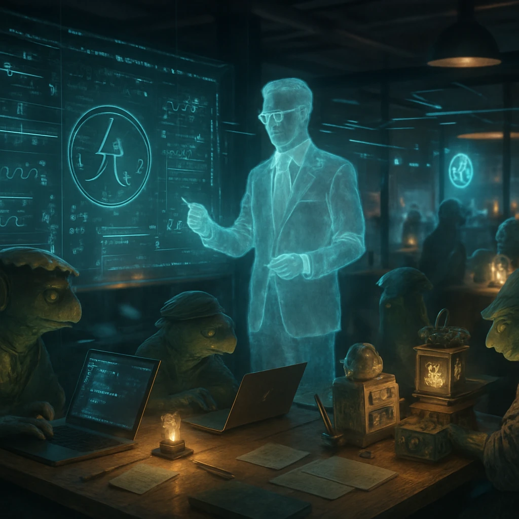 幽霊や妖怪が集う近未来的なビジネスオフィスで、透明なスーツ姿の幽霊がホログラムボードでプレゼンする様子。