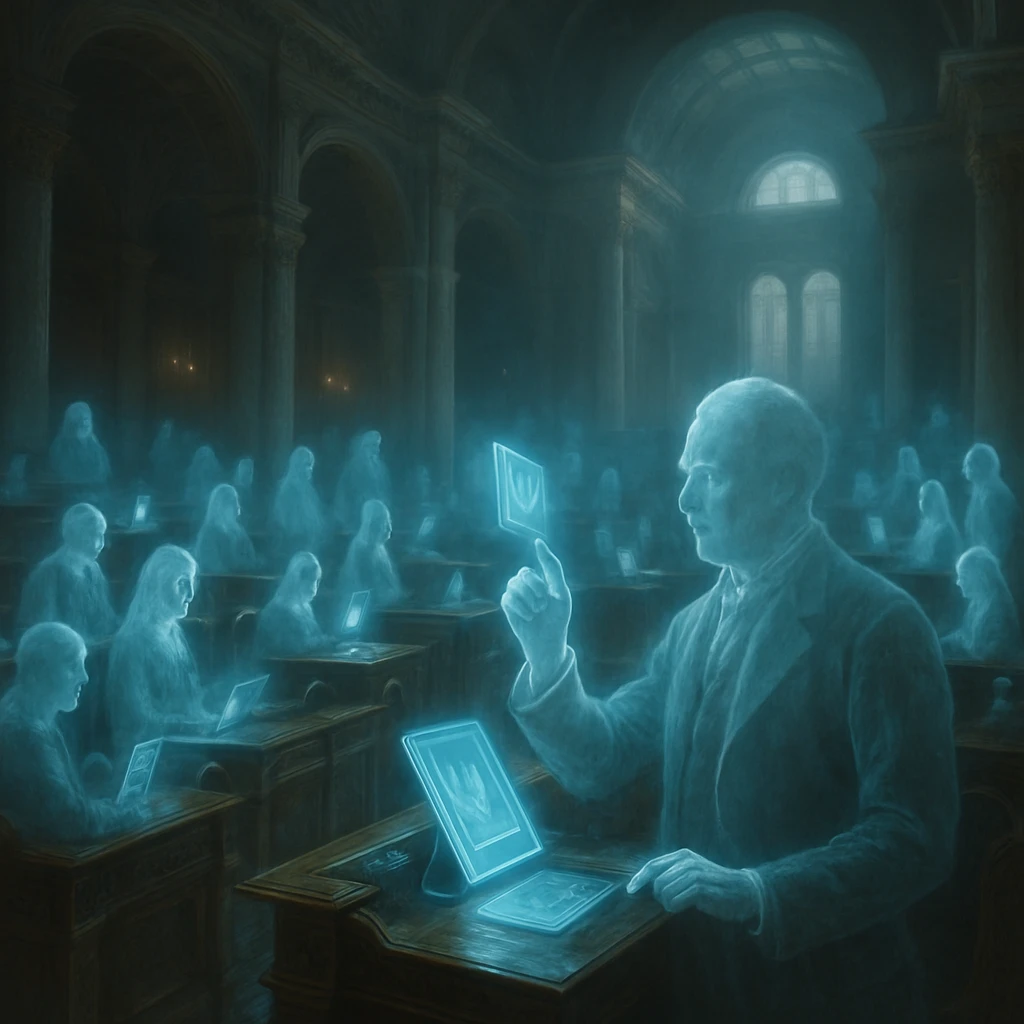 荘厳な幽界議会室で、半透明の幽霊議員たちがホログラム投票を行う様子。