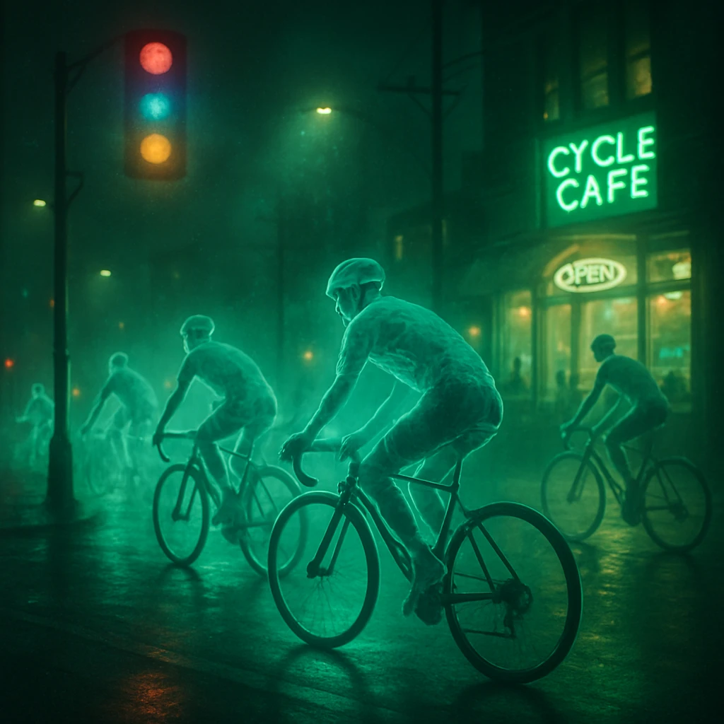 夜の冥都グリーンロードを多くのヘルメット姿の幽霊サイクリストたちが自転車で駆け抜ける様子をリアルに描いた写真風イメージです。