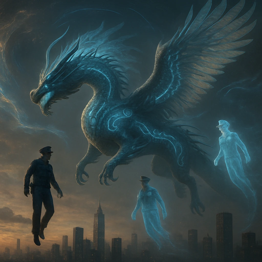 夕暮れの都市上空を飛ぶ巨大な幽体龍と、それを伴う制服姿の警備士や幽霊たちのリアルな様子。