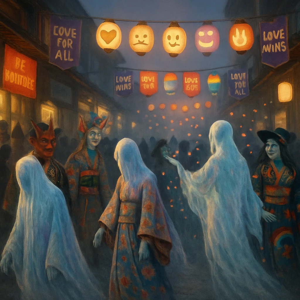 薄霧の商店街で幽霊や妖怪、精霊たちが華やかな衣装でパレードする様子を写した写真。