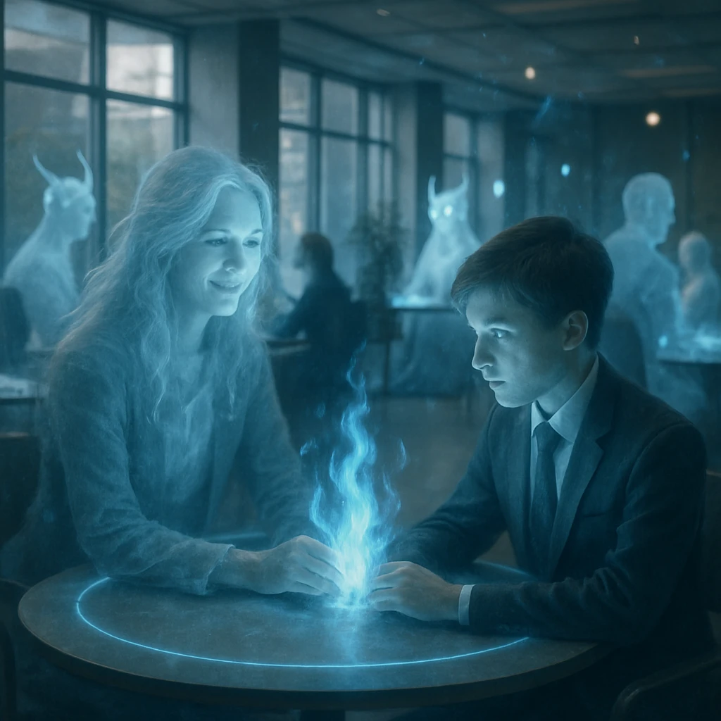 薄暗いオフィスで、半透明の幽霊や妖怪が結界に囲まれたテーブルで対話している様子。