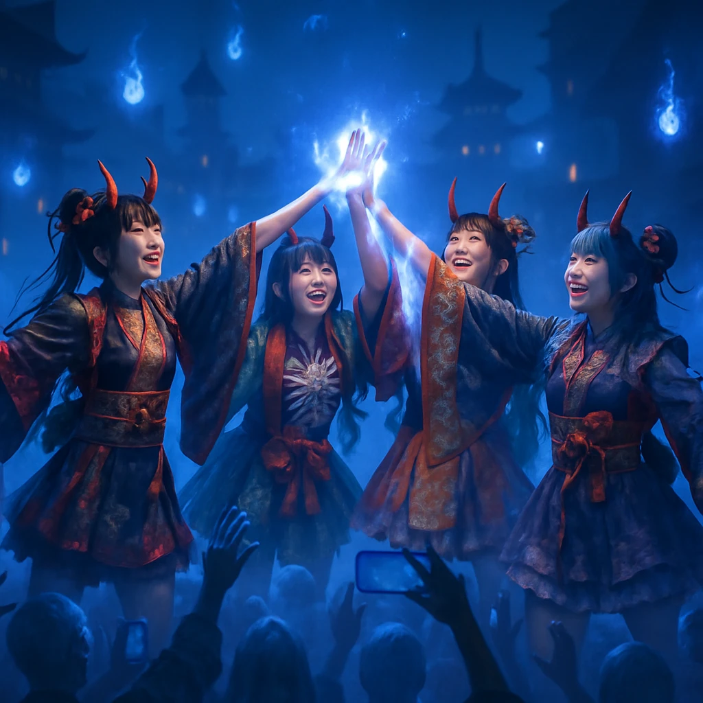 夜の霊都のライブ会場で、角の生えたアイドルたちが魂火ハイタッチを披露し、透明な生霊ファンが熱狂している様子。