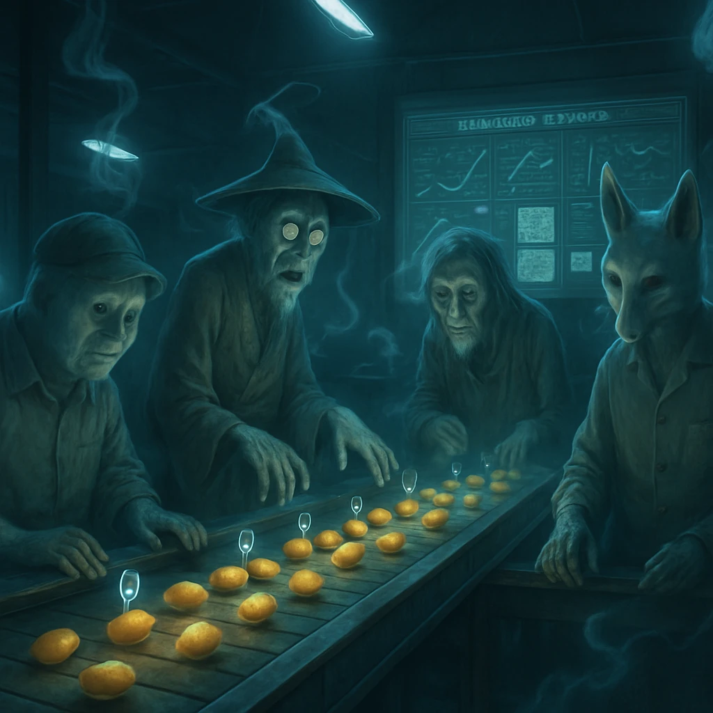 幽界の倉庫内で、発光するRFIDタグ付きの豆を妖怪や幽霊の作業員がコンベアでチェックしている様子。