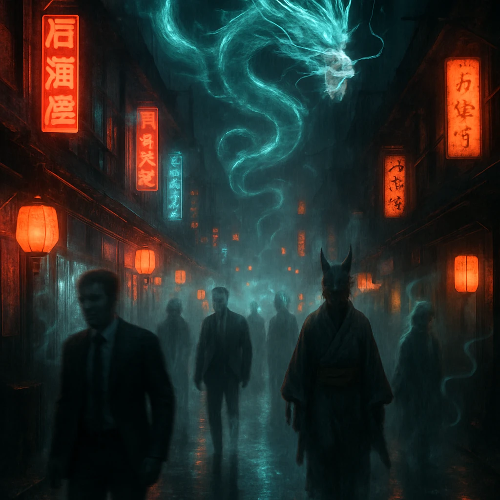 夜の妖怪街で、空に龍のような霊的エネルギーが渦巻き、霧雨の中を幽霊や妖怪が歩いている様子の写真風画像。