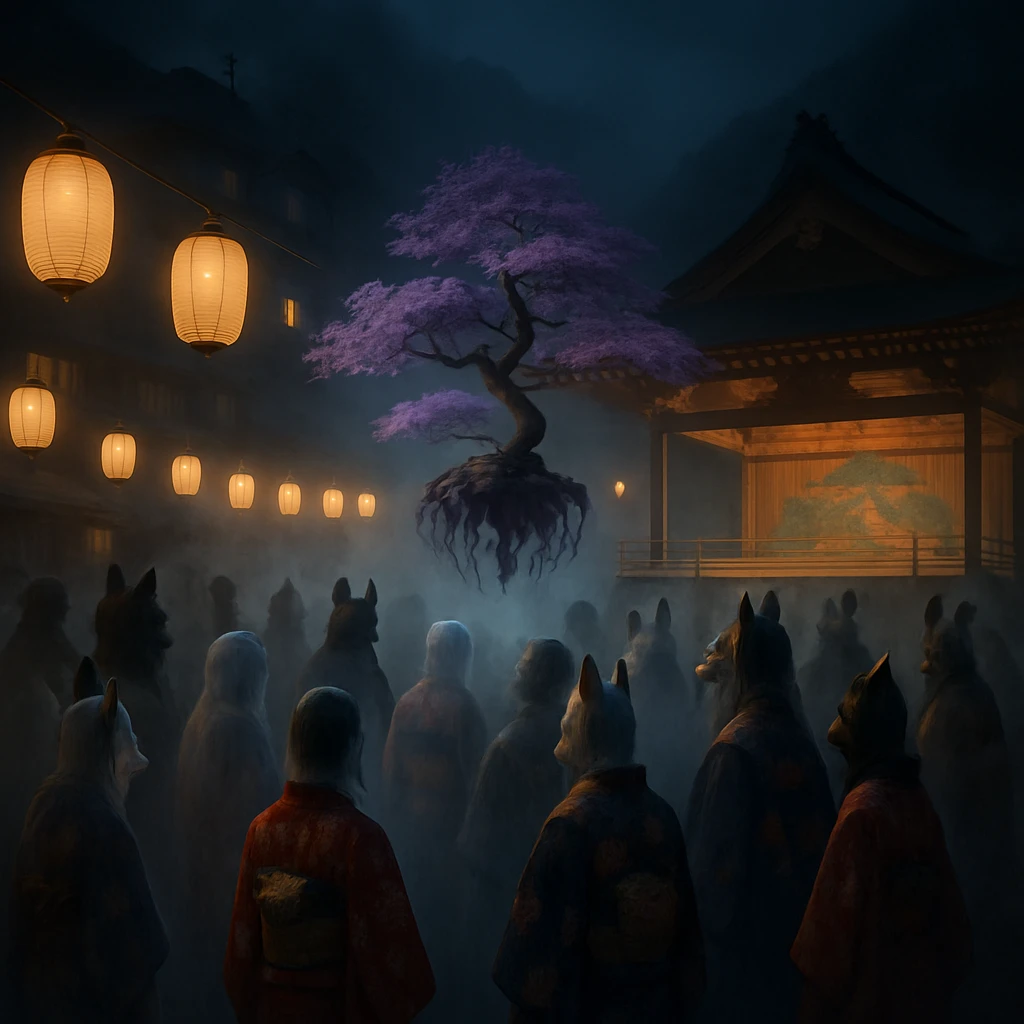 深夜の山裾で、妖怪や幽霊たちが浮遊する盆栽を囲み、提灯の灯りと能舞台が幻想的に広がる様子。