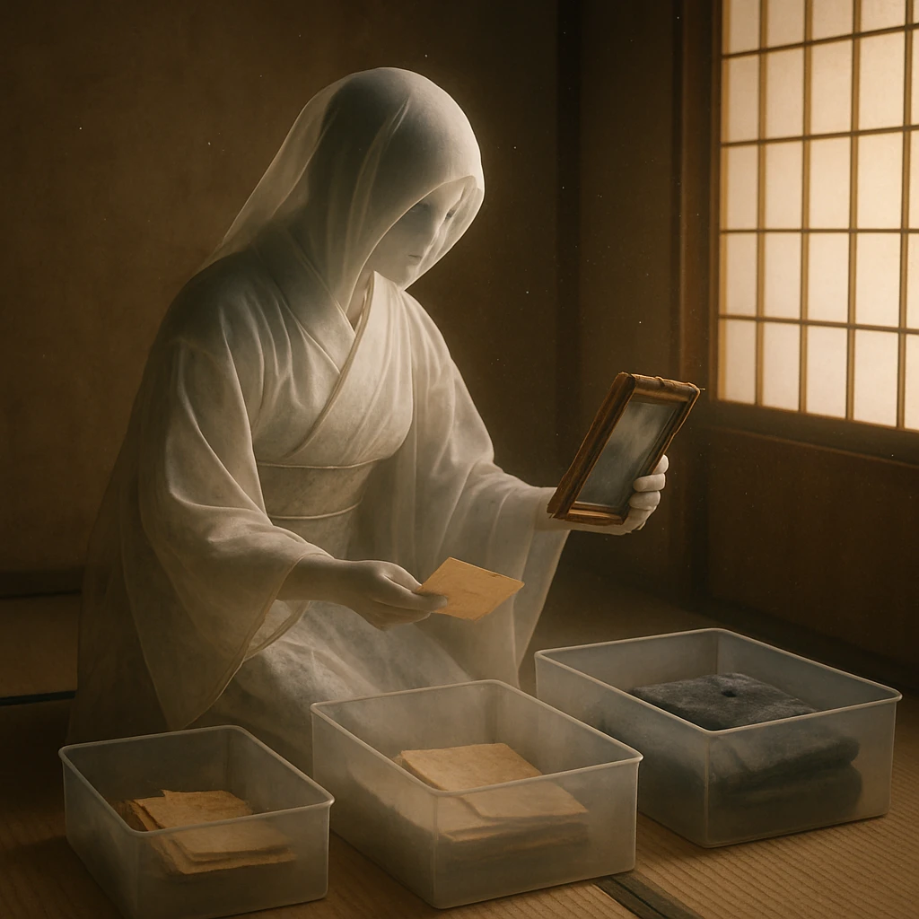 和室で幽霊が古い遺品を静かに整理している様子のリアルな写真風画像。