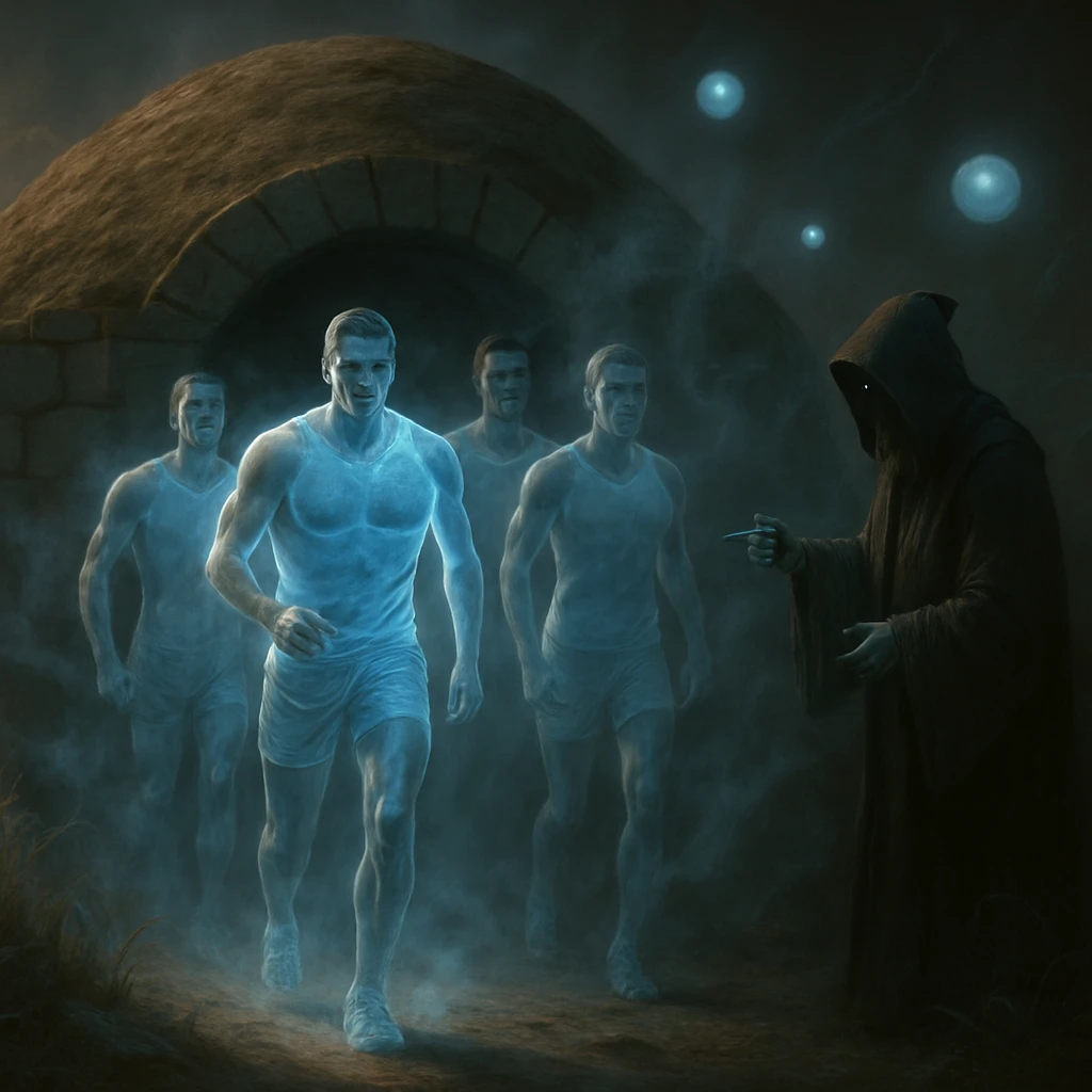 古墳型サウナの入口から青白く光る幽霊アスリートたちが霧の中を出てくる写真風イメージ。