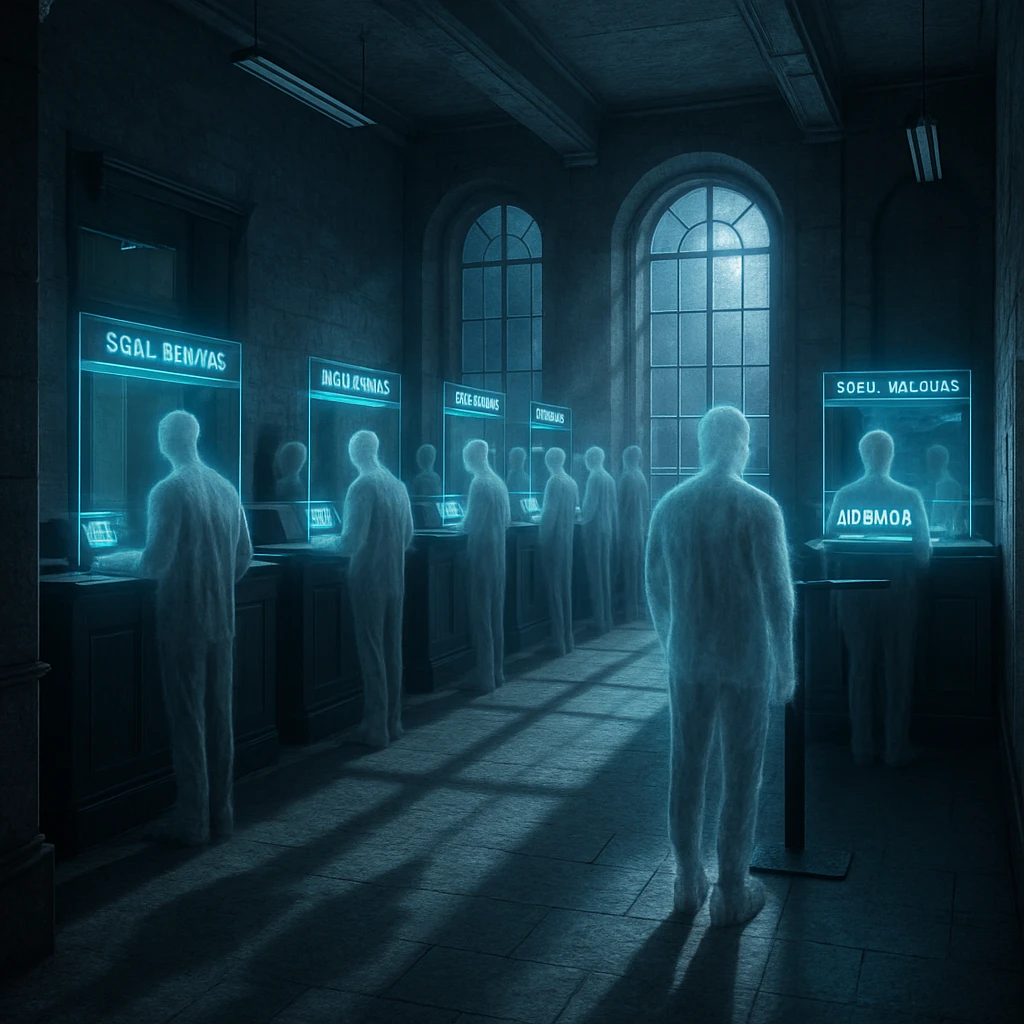 満月の光が差し込む役所内で、多数の幽霊とその影分身がデジタル登録カウンターに整然と並んでいる写真風の光景。