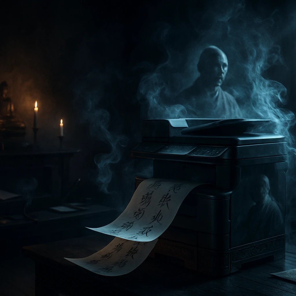 薄暗い室内で和風のプリンターから経文が自動印刷され、幽かな僧侶の霊が機械表面に映り込む様子。