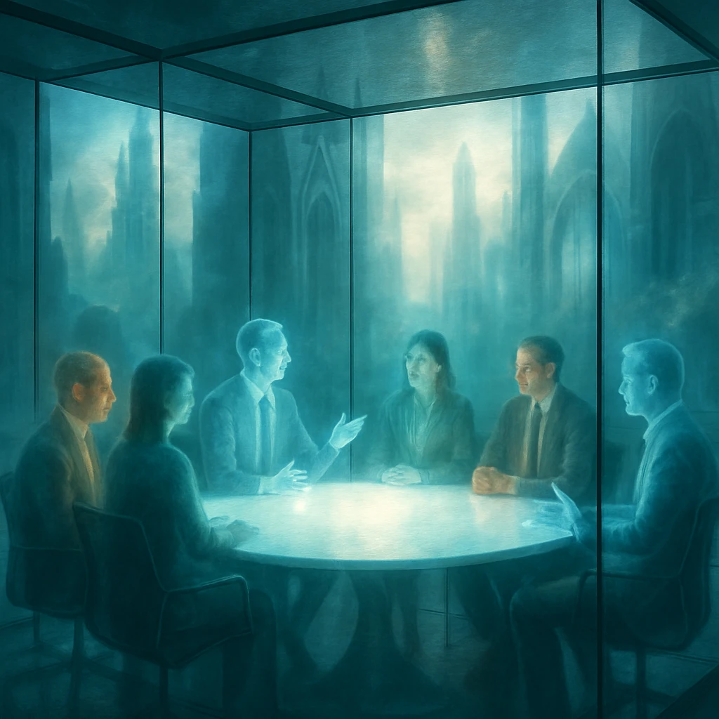 死後のビジネス街の透明なオフィスで、半透明の幽霊社員たちが光る円卓を囲んで対話している様子。