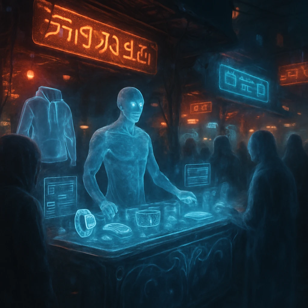 夜の幻想的なマーケットで発光する目を持つ半透明のAI商人が、霊体の客たちと浮遊する不思議な商品に囲まれて立っている写真風の一場面。