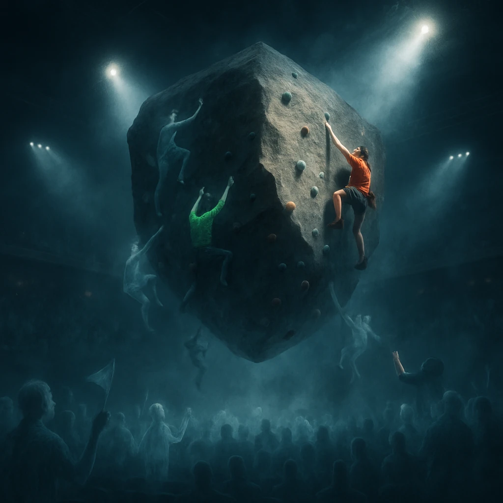 黒霧に包まれたアリーナで浮遊する巨大な岩を幽霊アスリートたちが登っている様子の写真風画像。