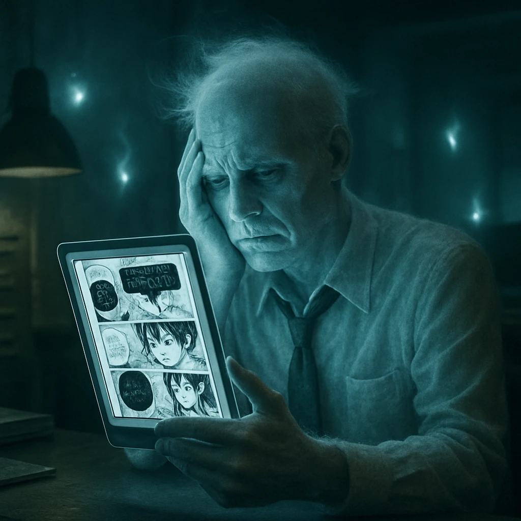 幽霊の会社員が透明な電子書籍リーダーを手に座り、画面にセリフが黒塗りされた漫画を困った表情で見ている。