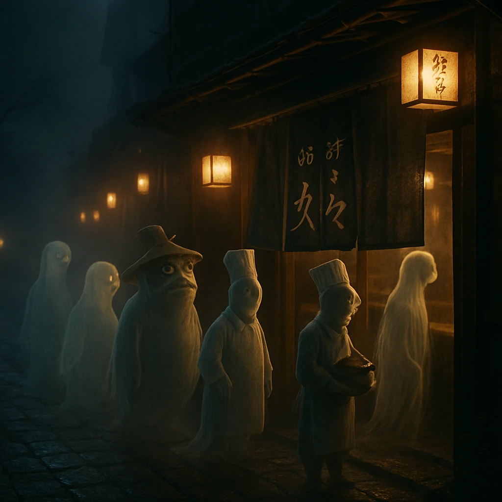深夜の路地で発酵茶屋妖々の暖簾の前に並ぶ幽霊や妖怪たちの行列の様子。