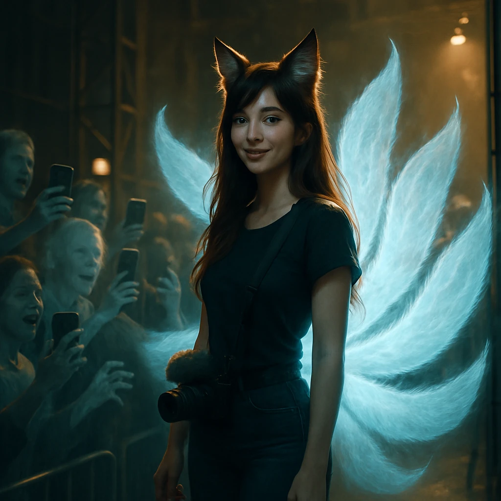 イベント会場の舞台裏で青白く光る尾を持つ女性YouTuberに、幽霊や人間のファンが取り囲む様子の写真。