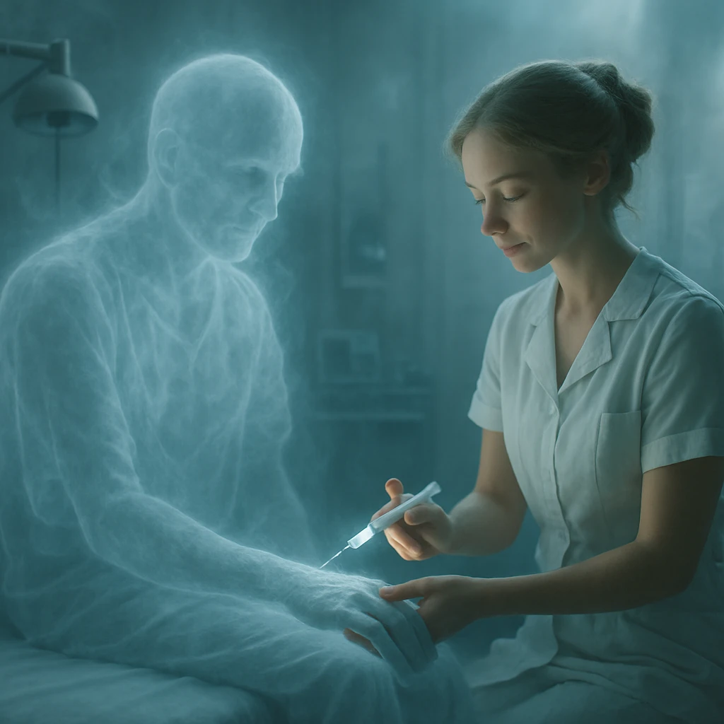 現代的な病院のベッドで、半透明の幽霊に看護師が光る注射器でワクチン接種を行う様子。