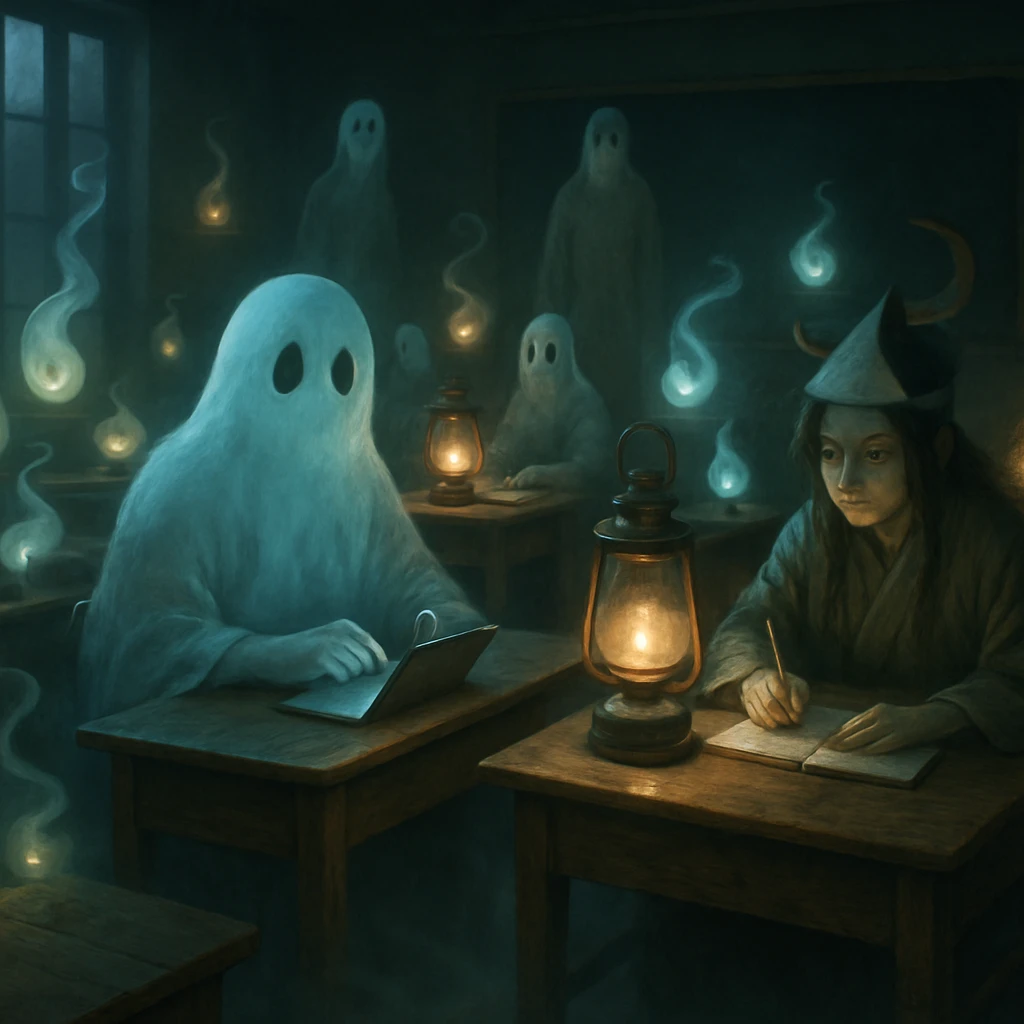 ランタンの灯りが淡く照らす教室で、透明な人魂や妖怪たちが机に座り、現代的な学習機器を使いながら真剣に授業を受けている様子。
