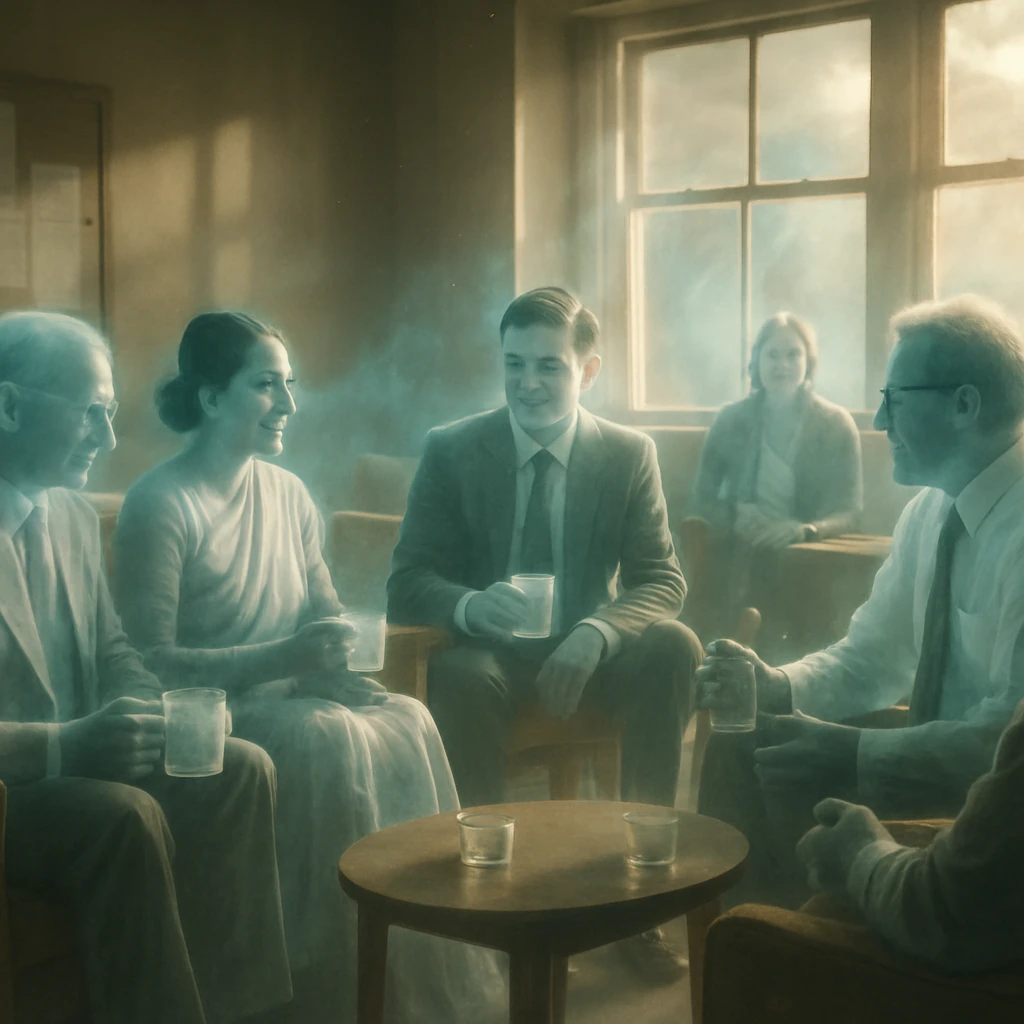幽界の役所の休憩室で、和やかに会話を交わす複数の幽霊公務員たちの写真風イメージ。
