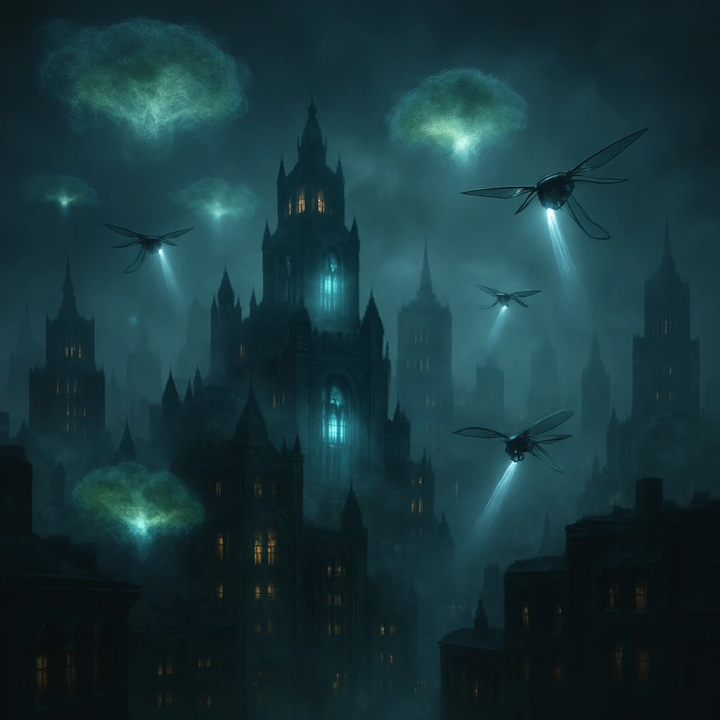 霧に包まれた冥界都市の上空に漂う無数の発光する霊コケクラウドと、ゴシック調の高層ビル群を背景にした夜景写真。