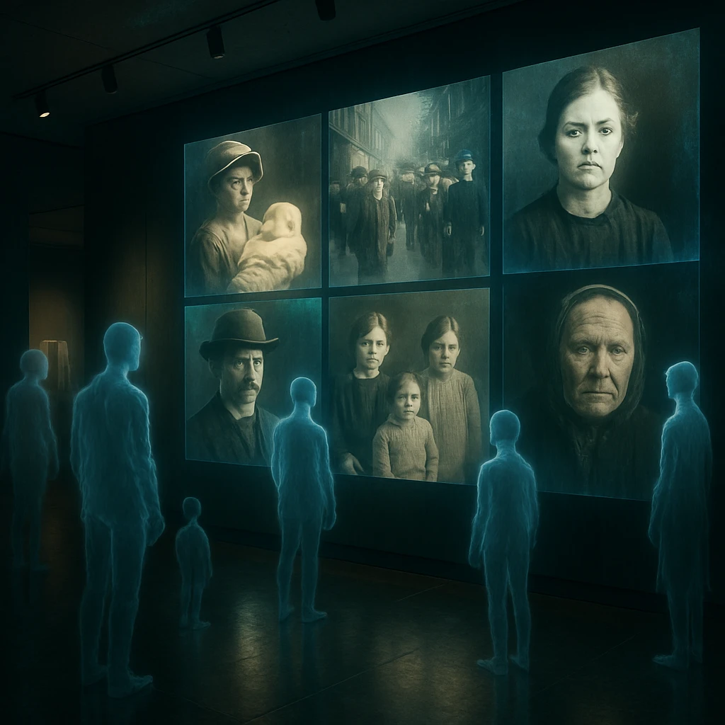 薄暗いミュージアムで半透明の幽霊たちが壁一面のデジタル写真展示に見入っている様子。