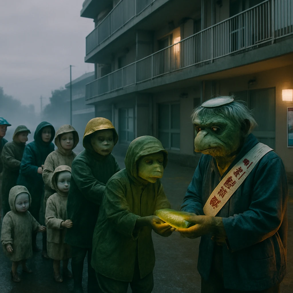 早朝の日本の団地敷地で、カッパや座敷童子、鬼などの住民達が非常時訓練として列をなし、保存きゅうりを手渡ししている様子。