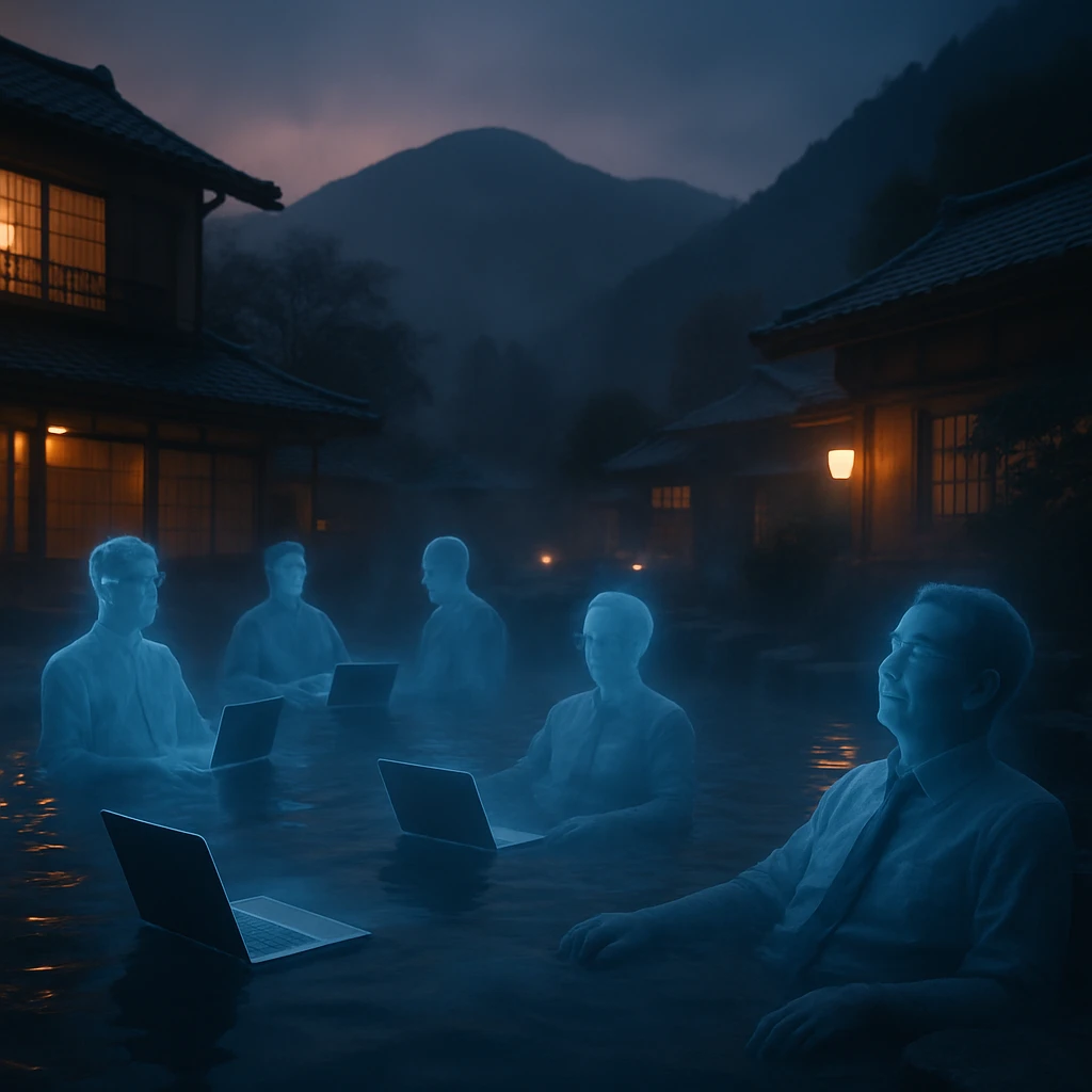 薄青いオーラをまとった幽霊たちが、露天温泉につかりながらノートパソコンを使っている幻想的な光景。