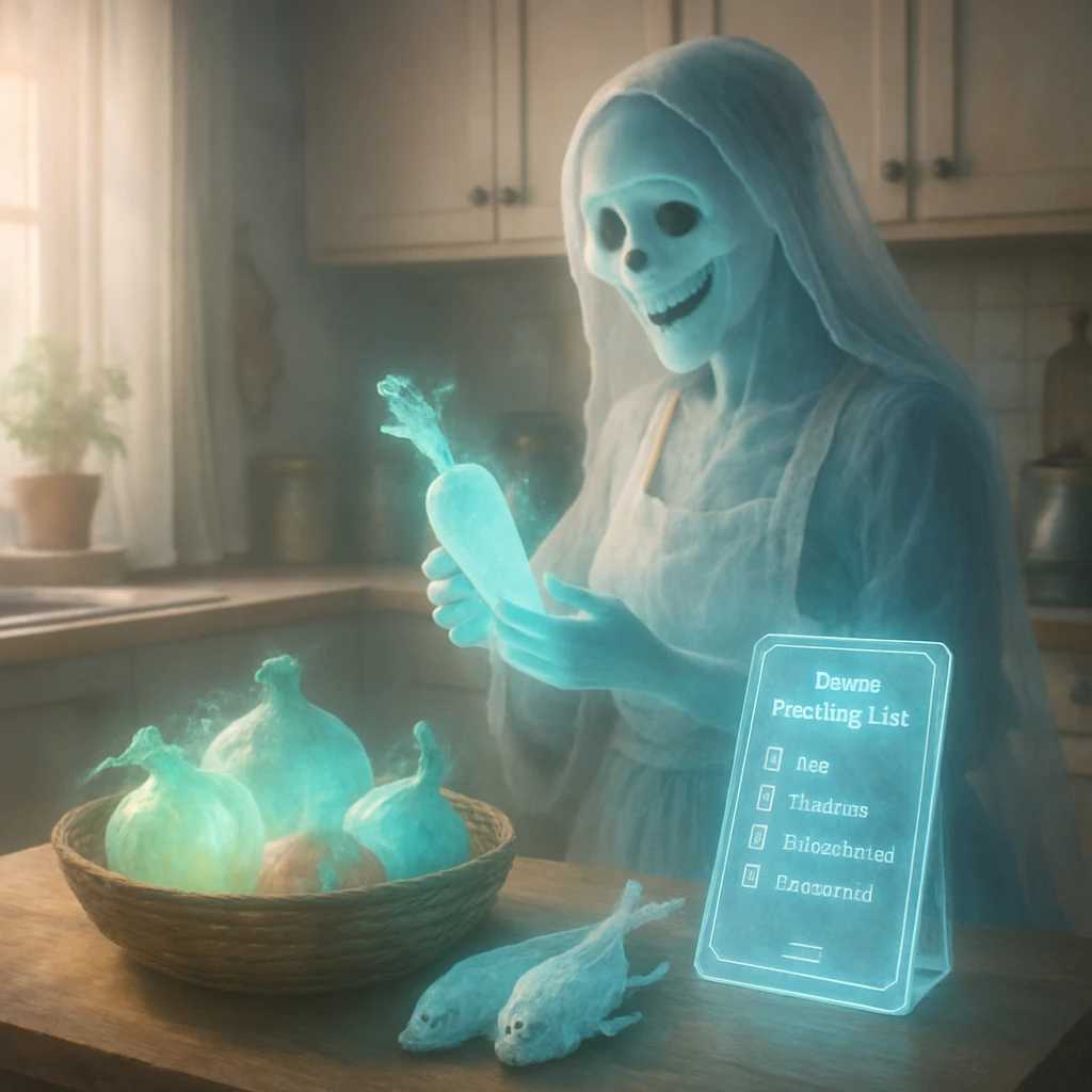 幽霊の主婦が透明なスマート端末と霊界の食材が並ぶキッチンで微笑んでいる、写真風の情景。