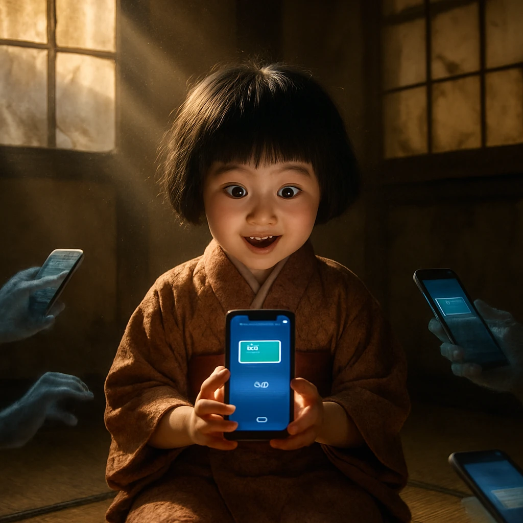 座敷童子が古い和室でスマートフォンを手にデジタルウォレット画面を見ている様子。