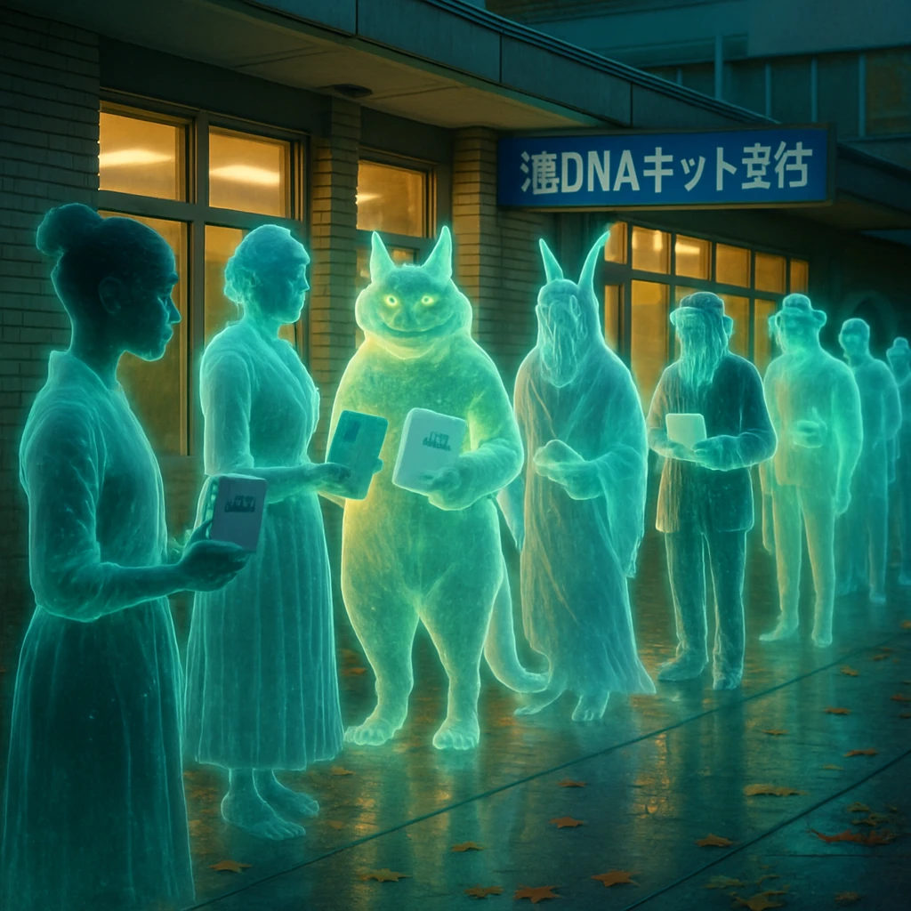 あの世の市民センター前で、幽霊や妖怪たちがDNAキット売り場の行列に並んでいる写真風イメージ。