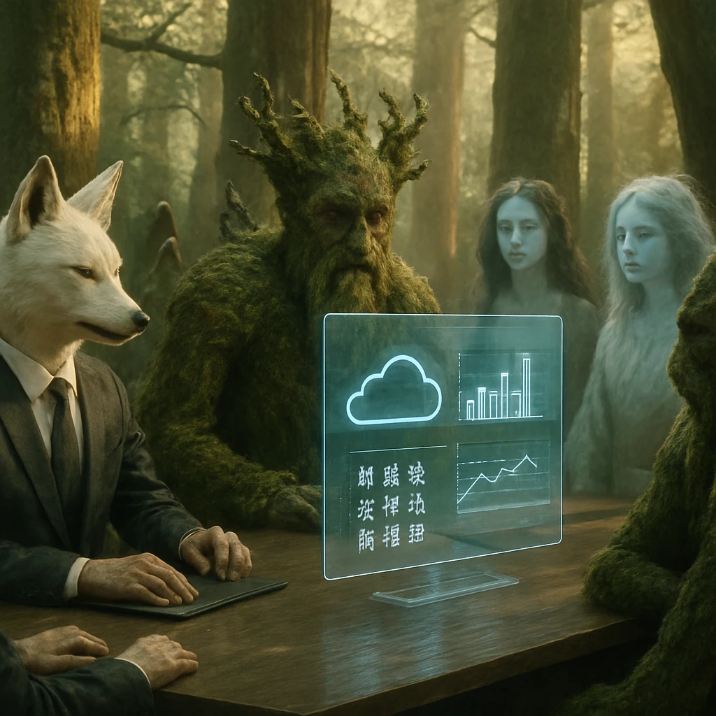 森の中の会議テーブルで、妖怪たちが浮かぶデジタル画面を真剣に見つめている様子。