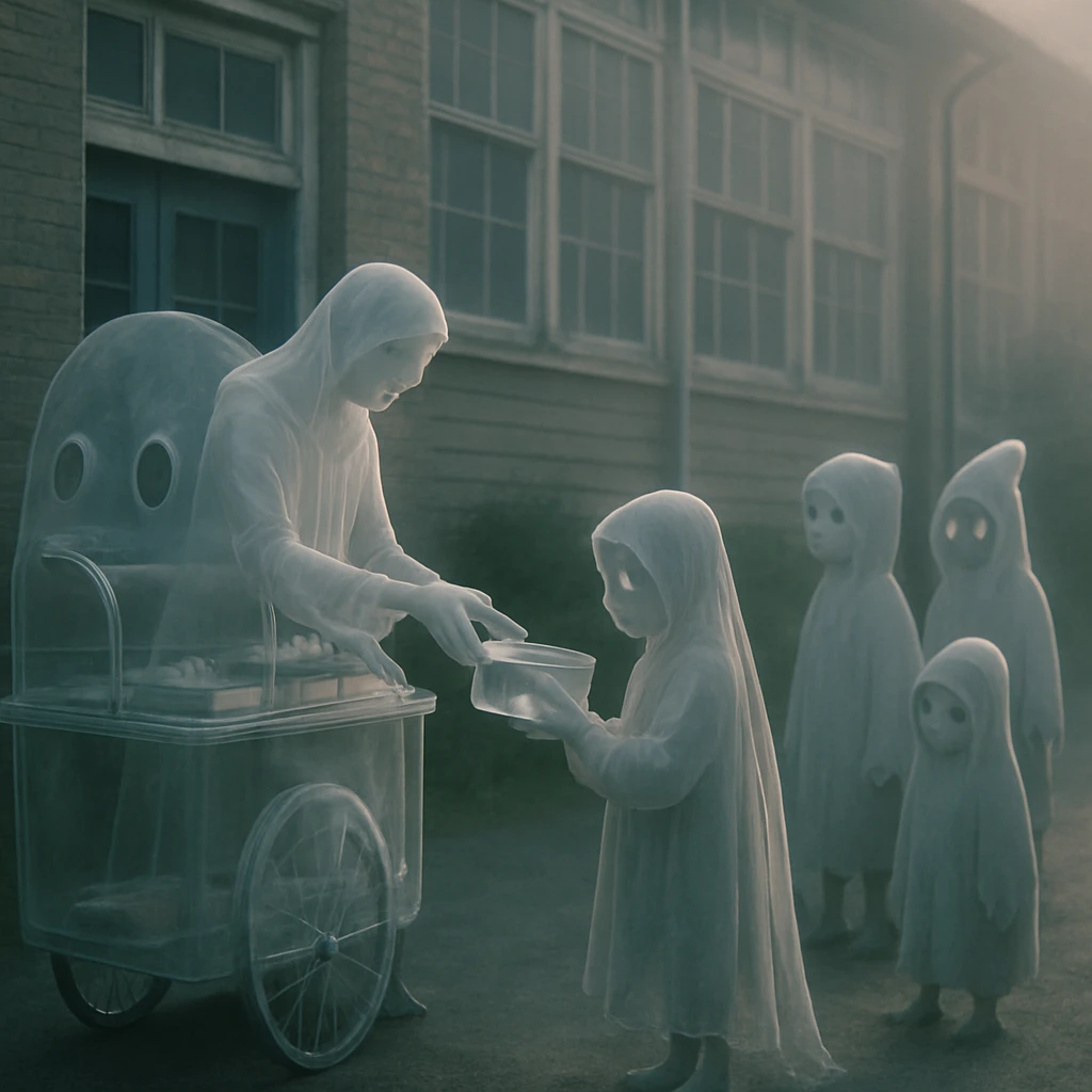 幽霊型の透明な給食ワゴンのそばで、食事霊が透明ランチボックスを幽霊の子どもに手渡している様子。