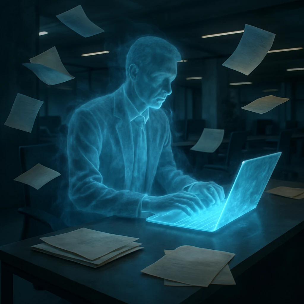 透明な幽霊のオフィスワーカーが青白く光るホログラフ端末に向かって作業している、近未来的なオフィスの一場面。