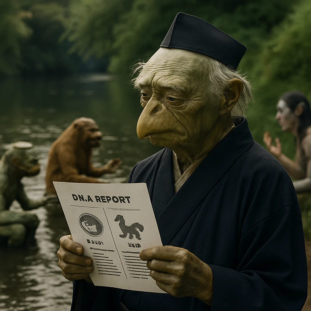 川辺でDNAレポートを手に思案顔のカッパ教頭と、後方で議論する異種妖怪たち。