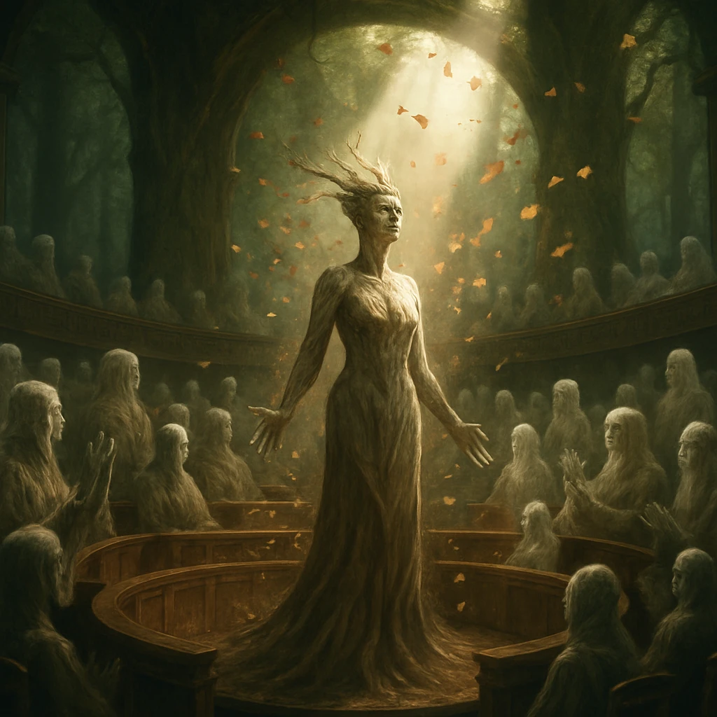 幽界の議事堂で拍手と葉が舞う中、中央に立つ女性木霊新議長の姿。