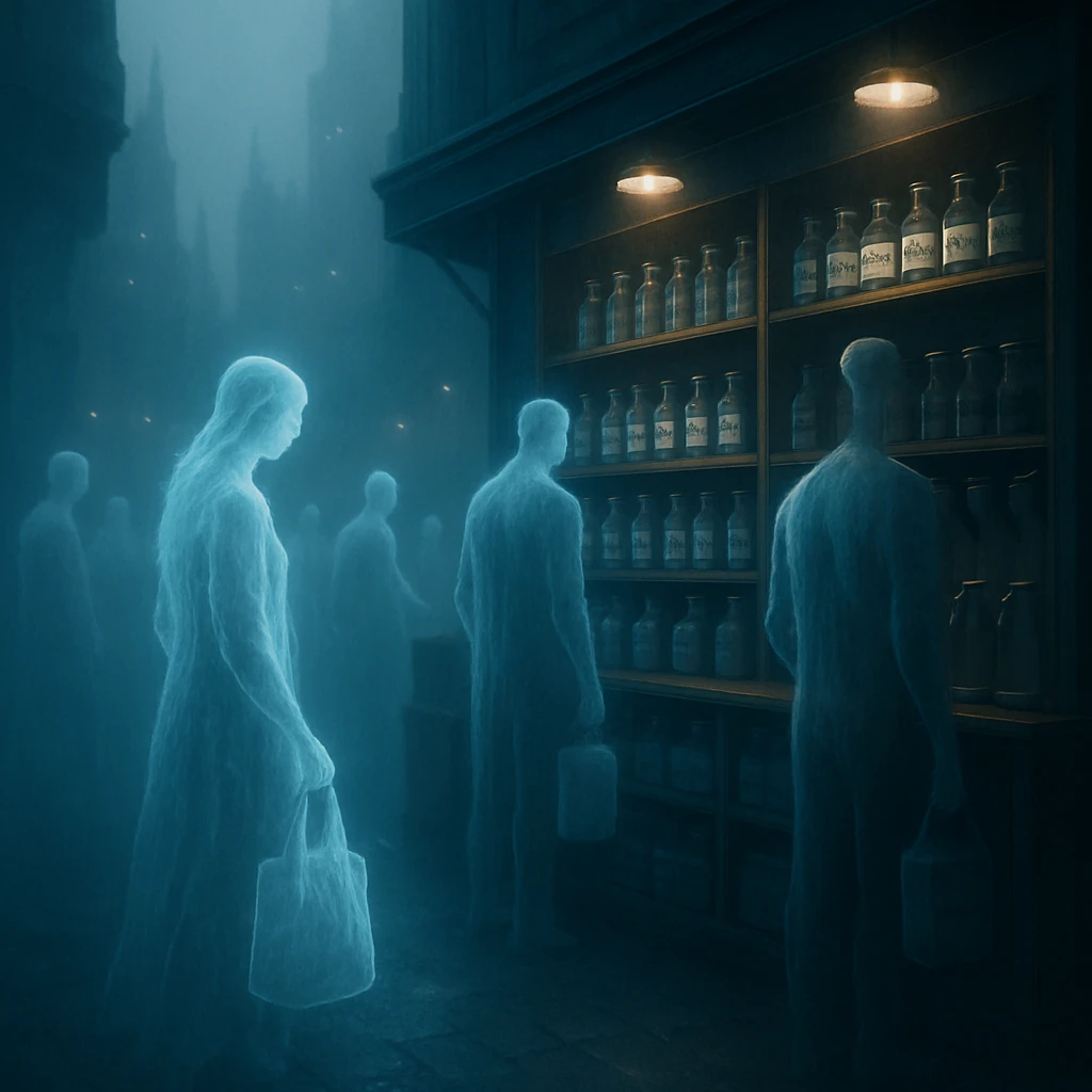 浮遊都市ネブラの青白い光の中、半透明の幽霊たちがリサイクル容器を手にゼロウェイストバルクショップを訪れている様子。