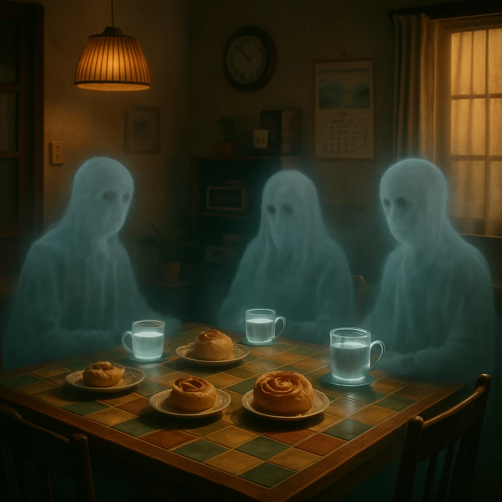 あの世のレトロな自宅カフェ風サロンで、半透明の幽霊たちがコーヒーと焼き菓子を囲む写真。