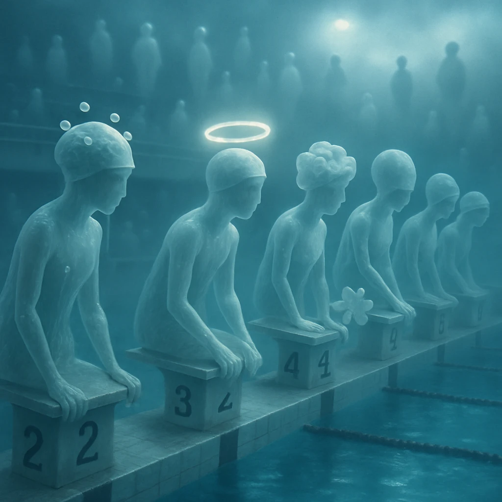 蒼い霧に包まれた水泳場で、半透明の幽霊たちが色とりどりのシャワーキャップ型帽子をかぶり並んでいる様子。