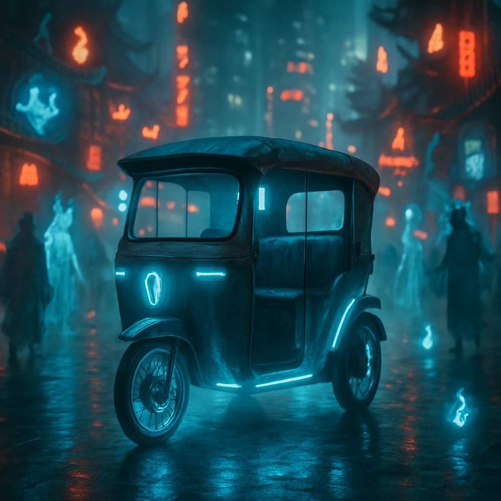 夜の霧に包まれた都市の大通りを、自動運転人力車が青白い光を放ちながら妖怪や幽霊とともに走行している様子。