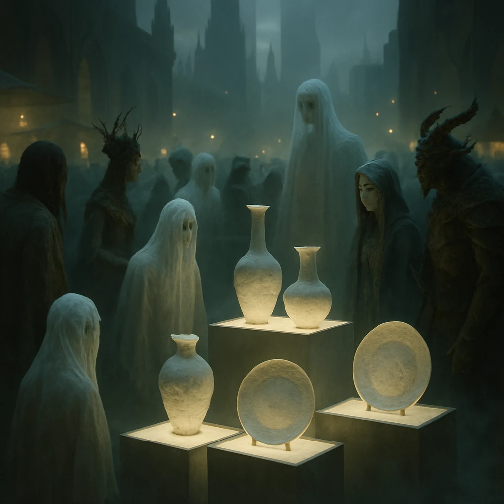 幽界のアートフェア会場で、精霊や妖怪など多様な存在がリサイクル骨粉の陶器展示を熱心に観賞している様子。