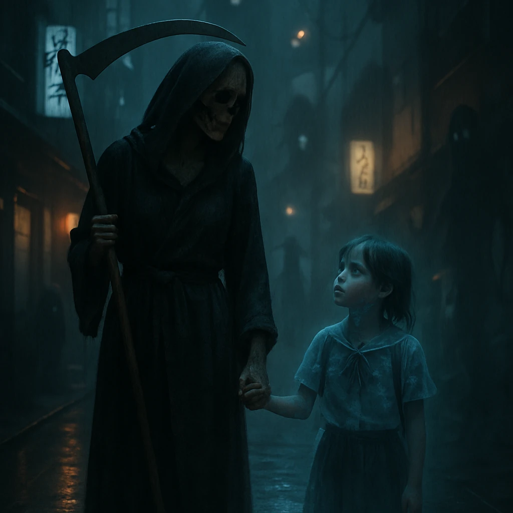 夜の霧が漂う冥都の街角で、死神の母親が幽霊の娘の手を握りながら歩いている写真風の画像。