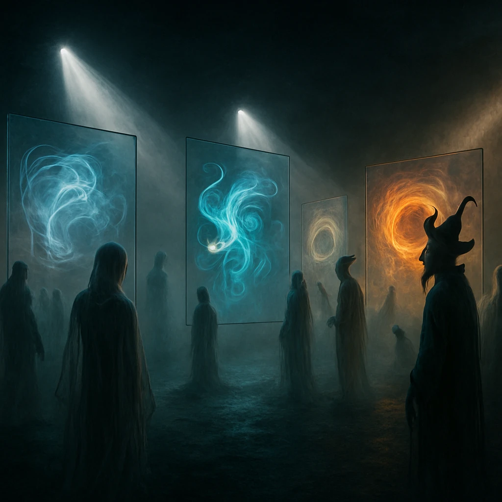 薄霧の中、幽霊や幻想的な存在たちが仮想アート展で光る抽象作品を鑑賞している写真風の一場面。